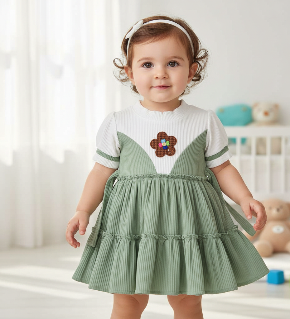 Hilytrends Baby Girls Below Knee Party Dress (Green, Pink, Short Sleeve)
